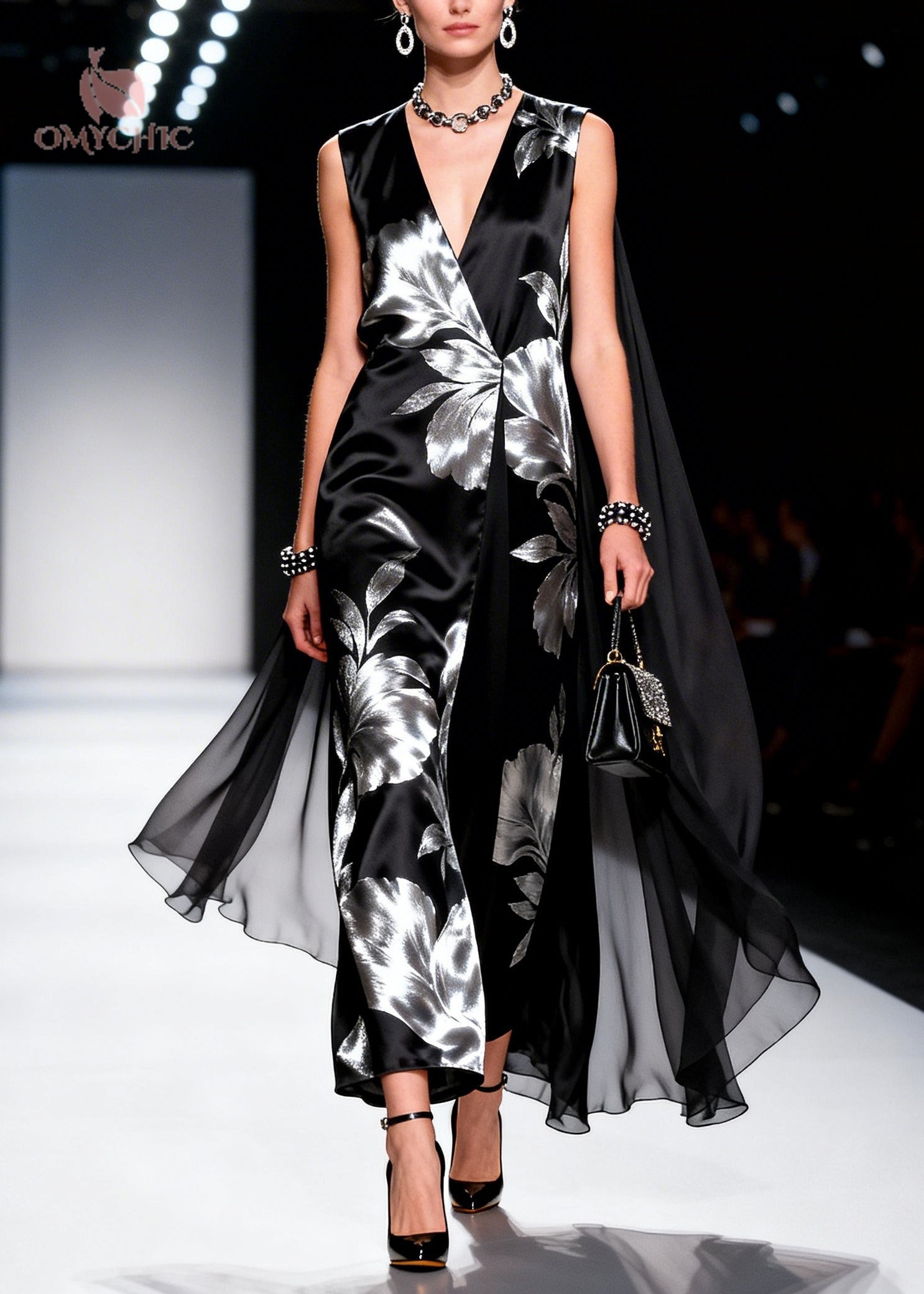 Metallic Floral Print Deep V-Neck Sleeveless Cape Overlay Satin Maxi Gown