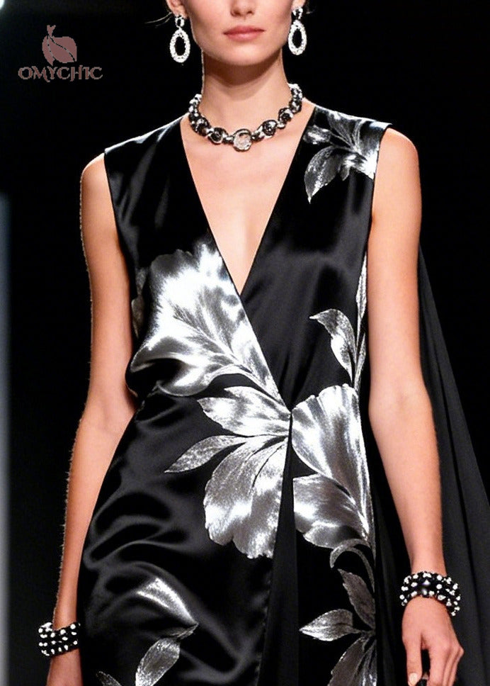 Metallic Floral Print Deep V-Neck Sleeveless Cape Overlay Satin Maxi Gown