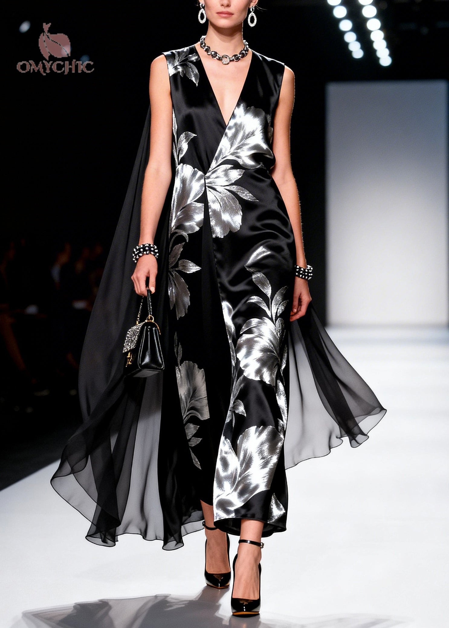Metallic Floral Print Deep V-Neck Sleeveless Cape Overlay Satin Maxi Gown