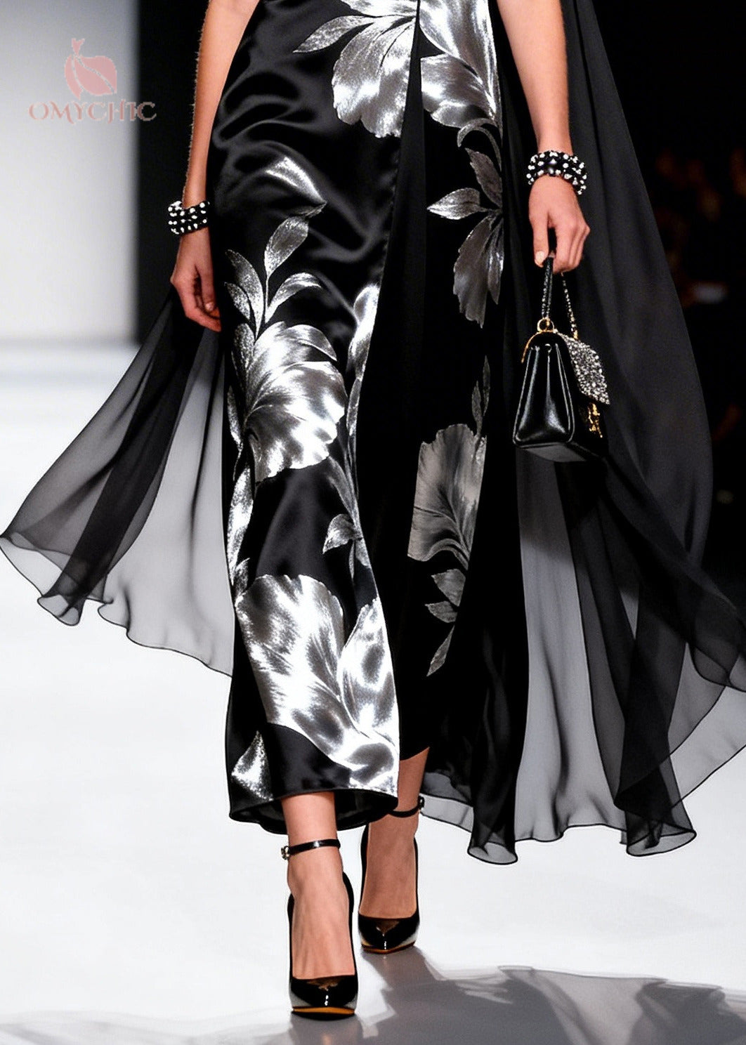 Metallic Floral Print Deep V-Neck Sleeveless Cape Overlay Satin Maxi Gown
