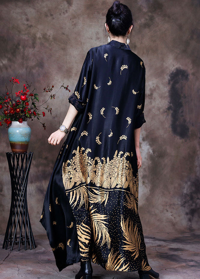 Floral Print Mandarin Collar Long Sleeve Satin Maxi Gown