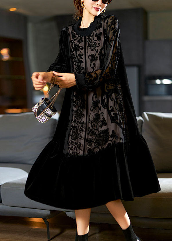 Elegant Black O-Neck Embroideried Patchwork Silk Velour Maxi Dress Long Sleeve 2