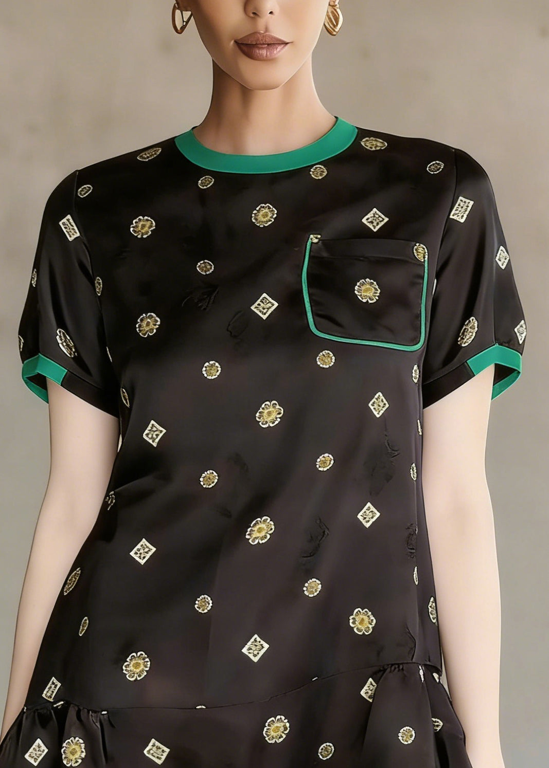 Round Neck Short Sleeve Drop Waist Pocket Floral Print Mini Dress - View 3