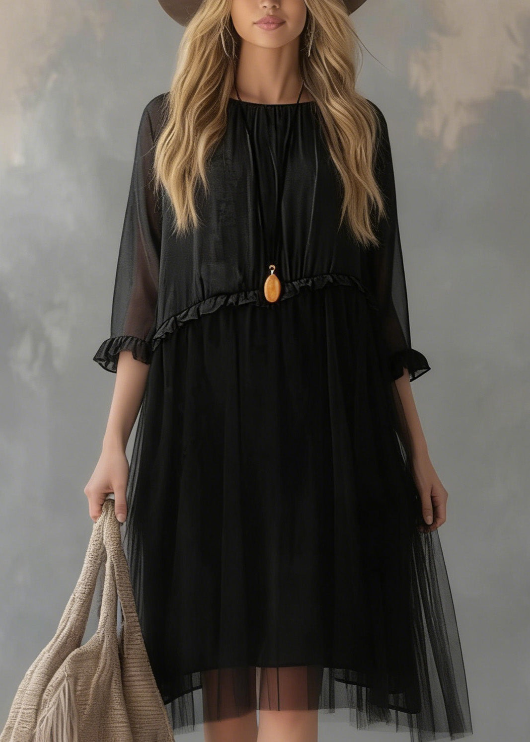 Round Neck Three Quarter Sleeve Ruffle Empire Waist Tiered Tulle Midi Dress