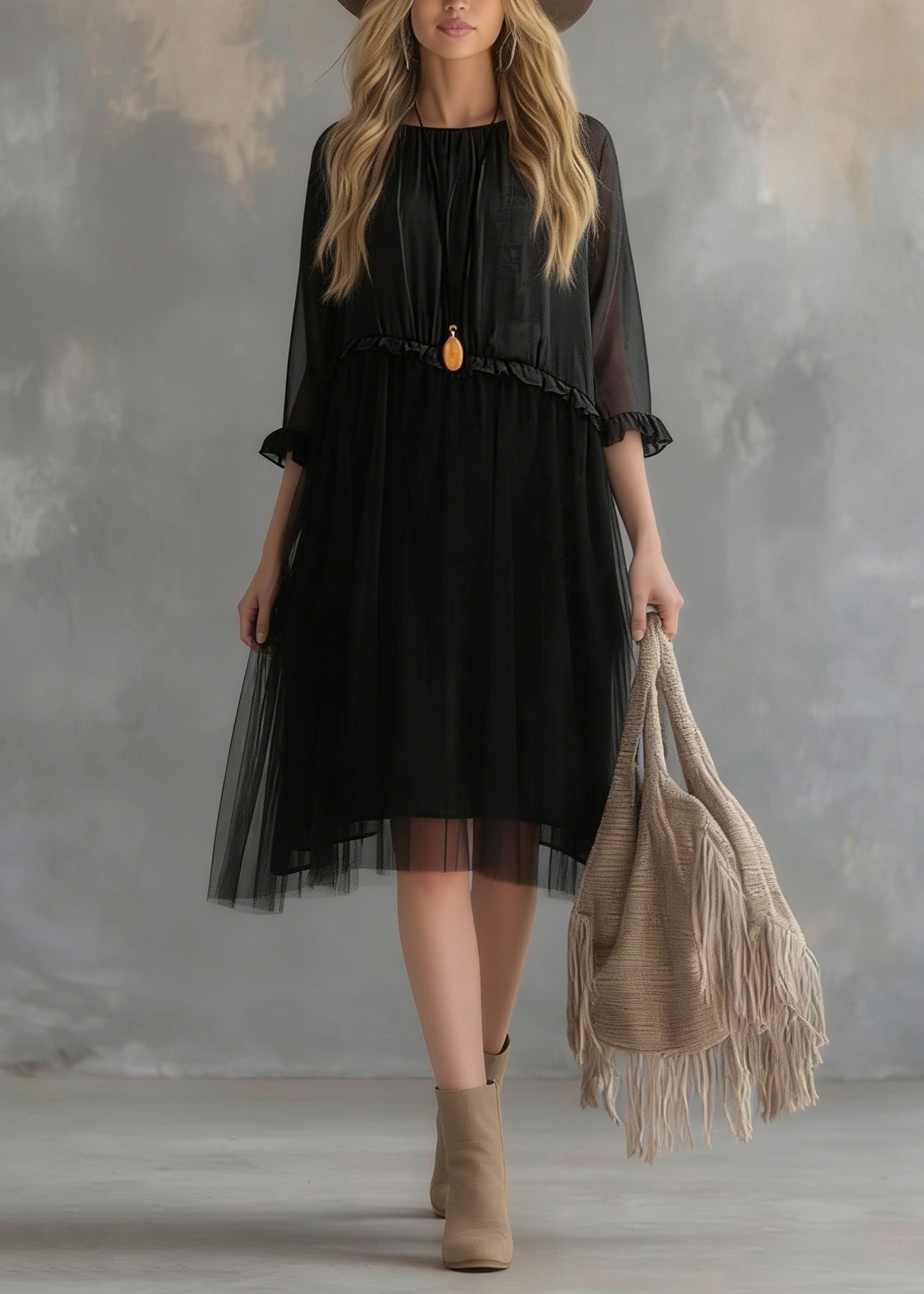 Round Neck Three Quarter Sleeve Ruffle Empire Waist Tiered Tulle Midi Dress