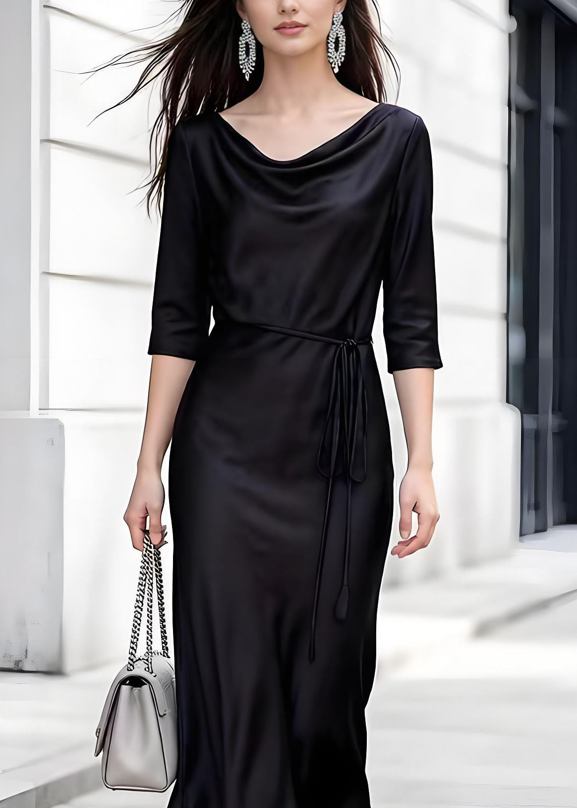 Satin Cowl Neck Three Quarter Sleeve Tie Waist Slip Midi Dress