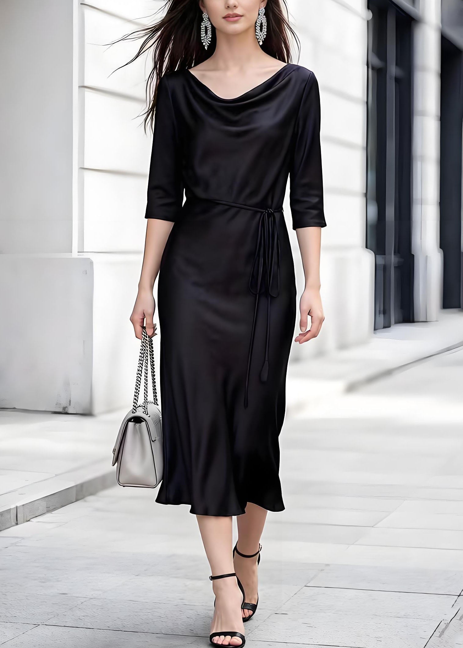 Satin Cowl Neck Three Quarter Sleeve Tie Waist Slip Midi Dress - View 5