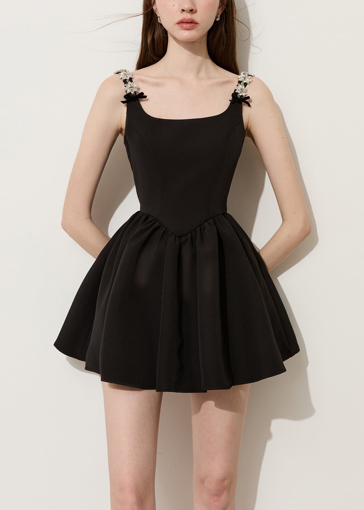 U Neck Rhinestone Floral Mini Dress