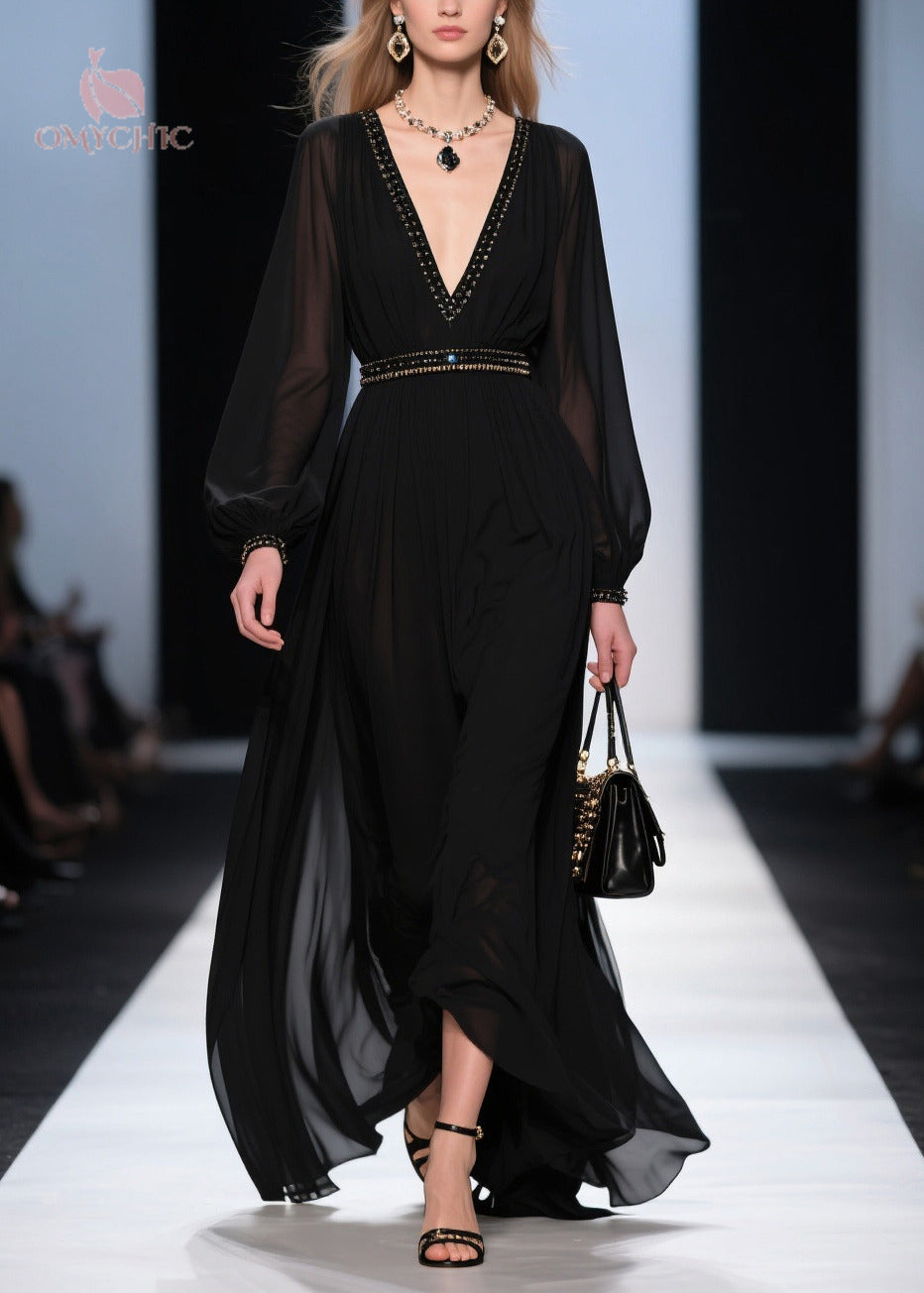 Beaded Trim Deep V-Neck Bishop Sleeve Studded Belt High Split Chiffon Maxi Gown