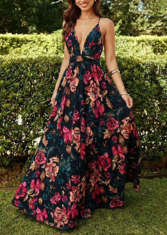 Floral Print Deep V-Neck Spaghetti Strap Flowy Maxi Dress