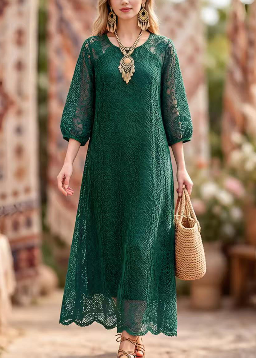 Lace Cut Out Round Neck Puff Sleeve Scalloped Hem Maxi Dress