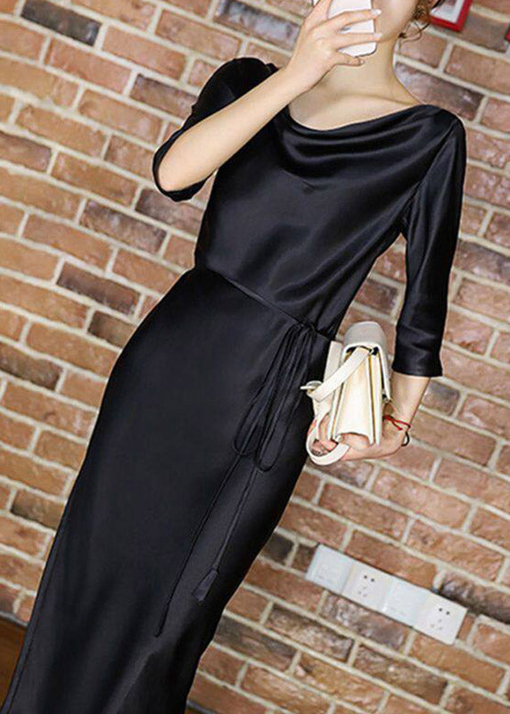 Satin Slash Neck Three Quarter Sleeve Self Tie Belt A-Line Midi Dress