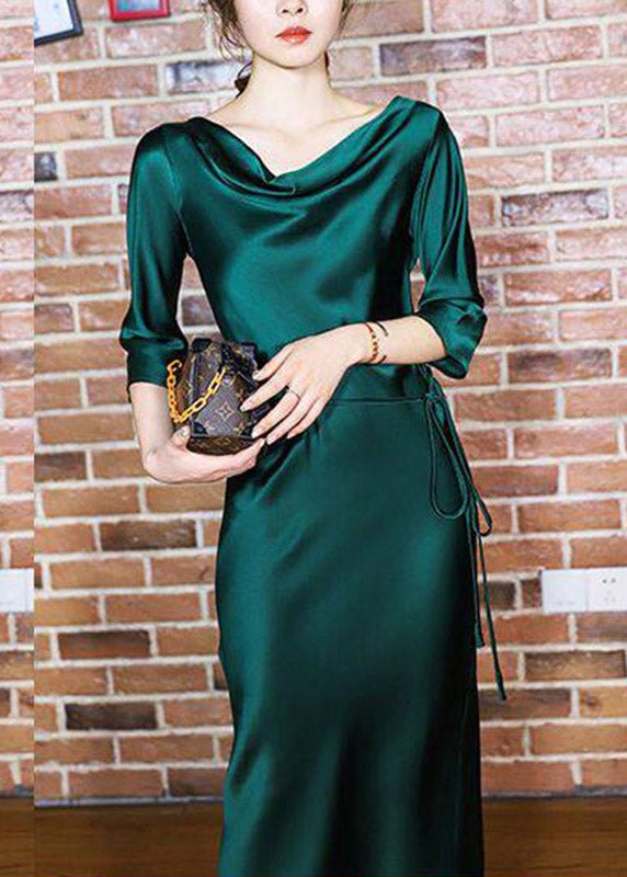 Satin Slash Neck Three Quarter Sleeve Self Tie Belt A-Line Midi Dress