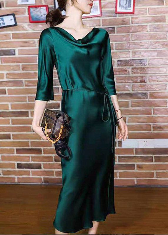 Satin Slash Neck Three Quarter Sleeve Self Tie Belt A-Line Midi Dress