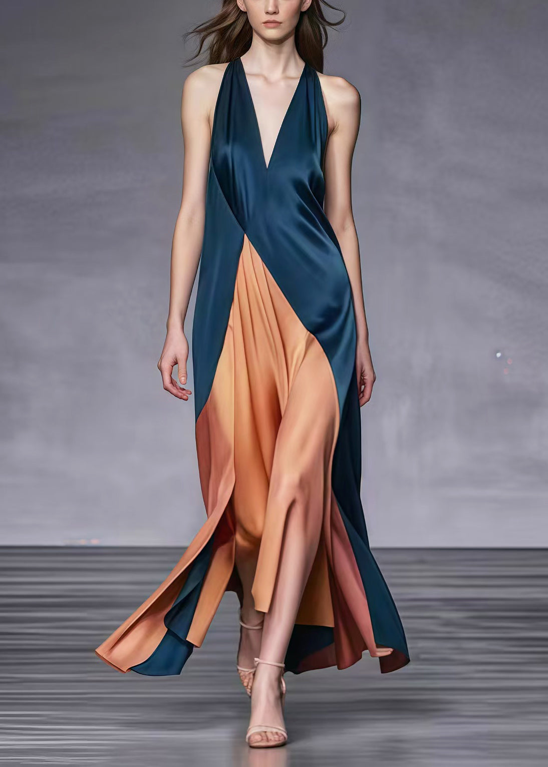 Satin Halter Neck Deep V-Neck Asymmetrical Wrap High Split Sleeveless Maxi Gown
