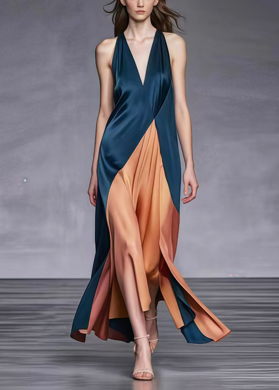Satin Halter Neck Deep V-Neck Asymmetrical Wrap High Split Sleeveless Maxi Gown