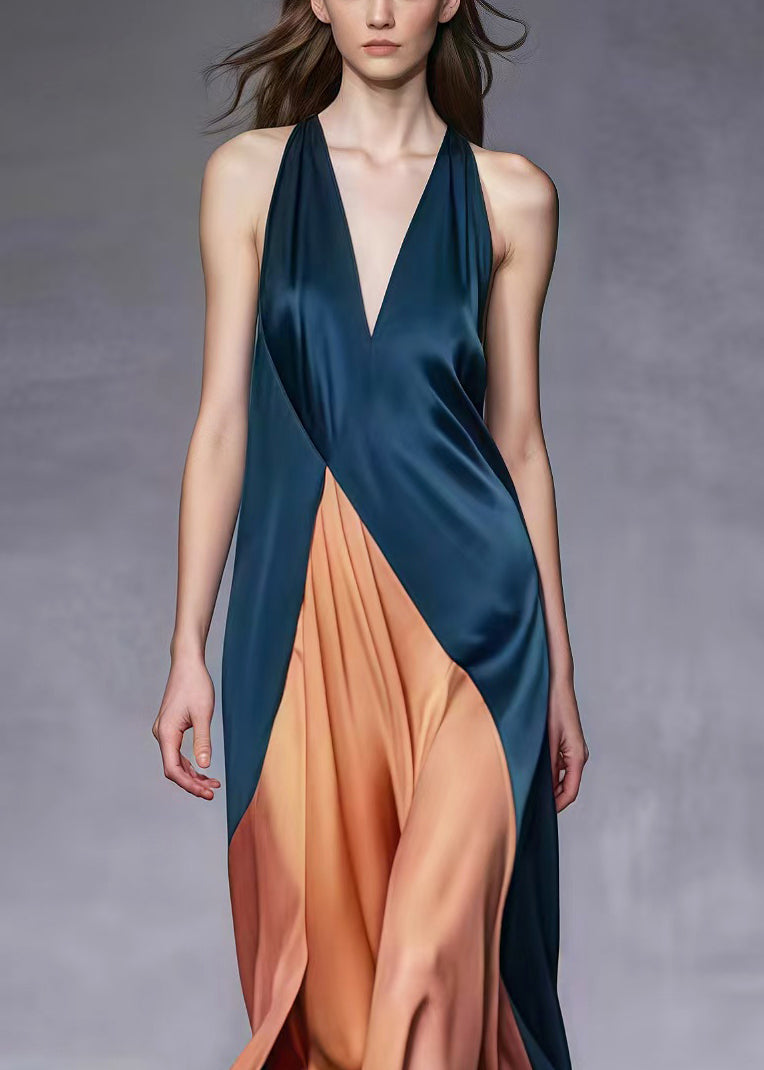 Satin Halter Neck Deep V-Neck Asymmetrical Wrap High Split Sleeveless Maxi Gown