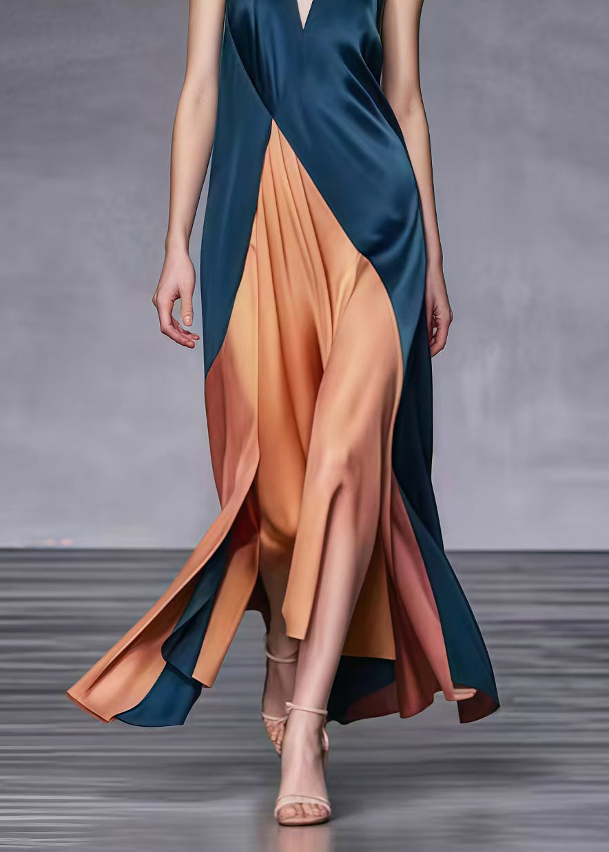 Satin Halter Neck Deep V-Neck Asymmetrical Wrap High Split Sleeveless Maxi Gown