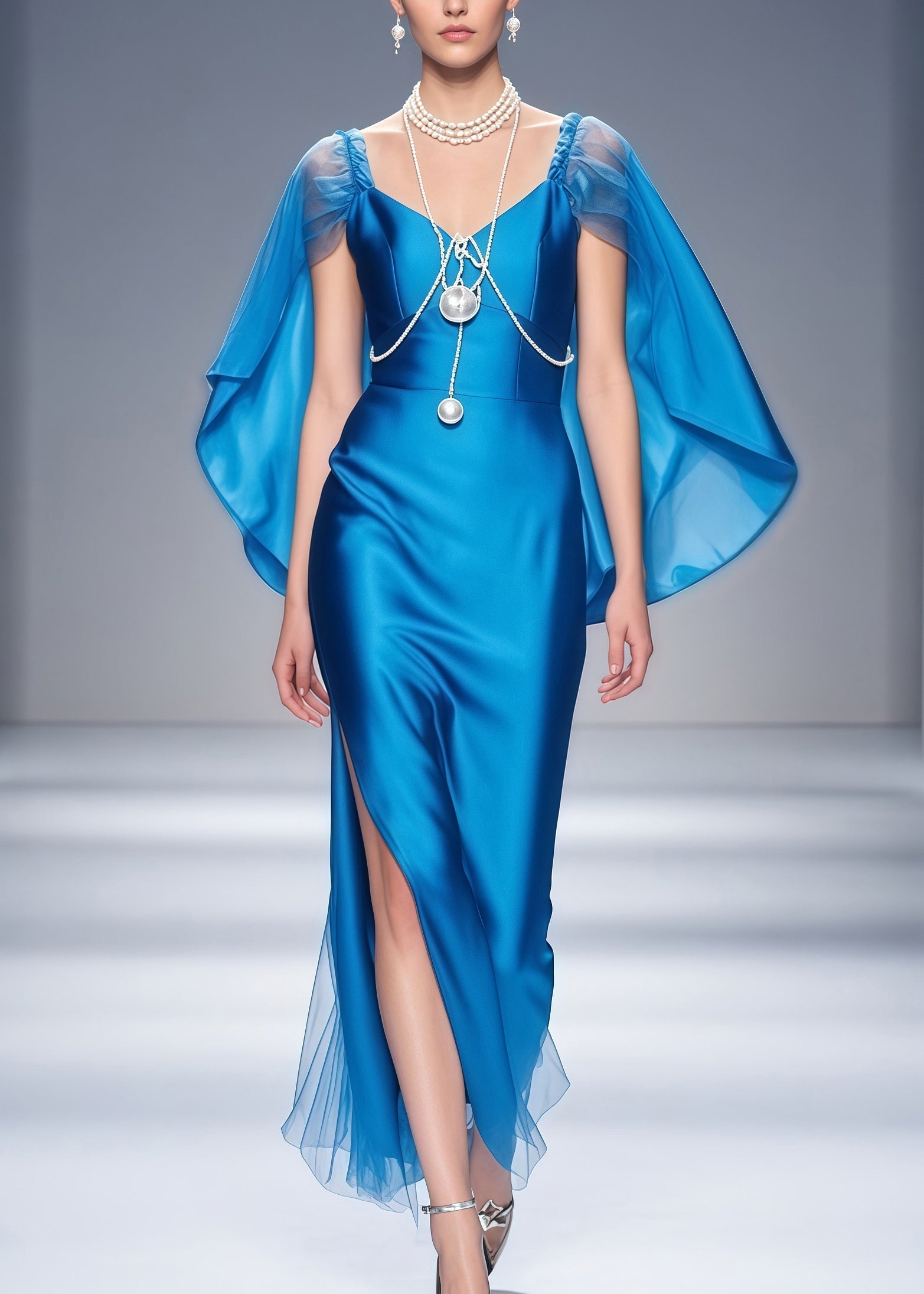 Satin Sweetheart Spaghetti Strap Cape Sleeve Tulle Hem High Split Maxi Gown