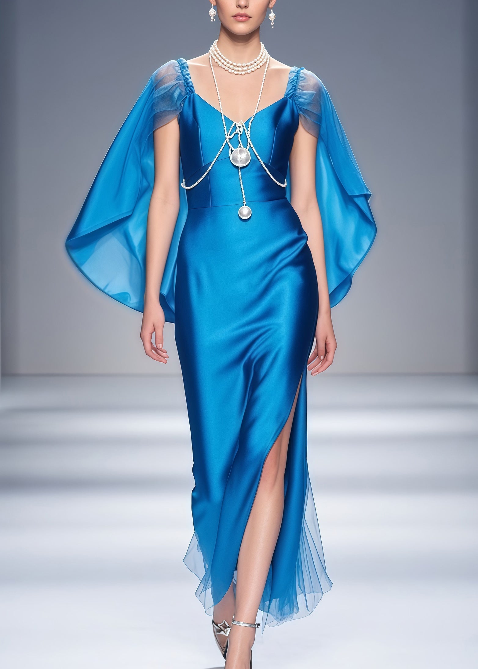 Satin Sweetheart Spaghetti Strap Cape Sleeve Tulle Hem Maxi Gown - View 5