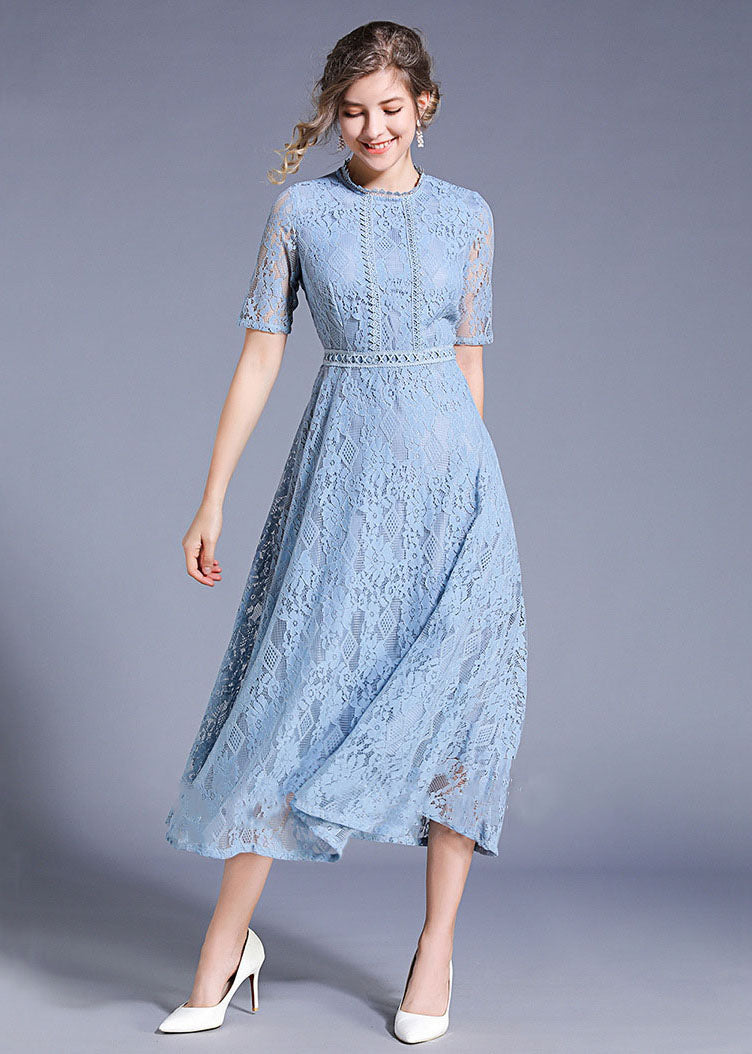Lace Diamond Pattern Crew Neck Short Sleeve Fitted Waist A-Line Midi Dress