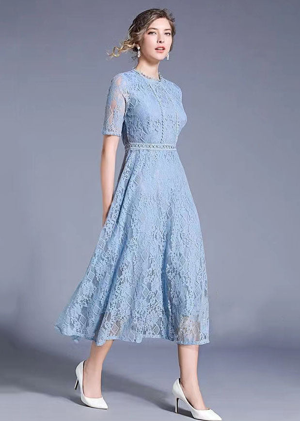 Lace Diamond Pattern Crew Neck Short Sleeve Fitted Waist A-Line Midi Dress