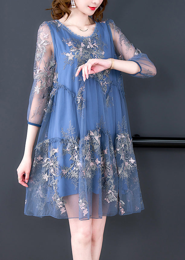 Elegant Blue O-Neck Print Patchwork Tulle Vacation Dresses Half Sleeve