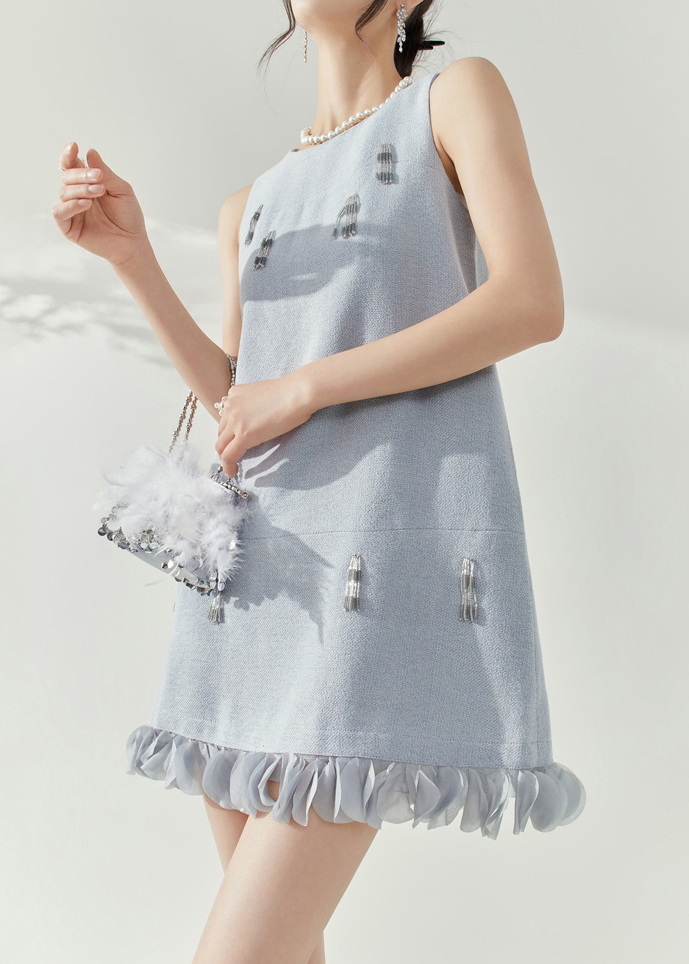 Elegant Blue O-Neck Patchwork Nail Bead Mid Dresses Sleeveless