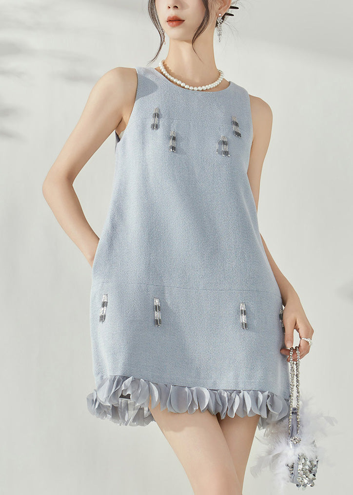 Boucle Tweed Round Neck Sleeveless Beaded Fringe Ruffle Hem Mini Dress