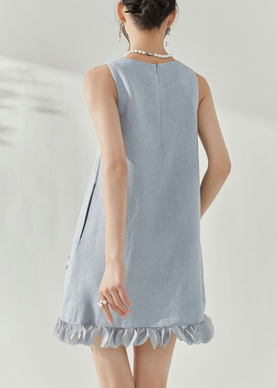 Boucle Tweed Round Neck Sleeveless Beaded Fringe Ruffle Hem Mini Dress