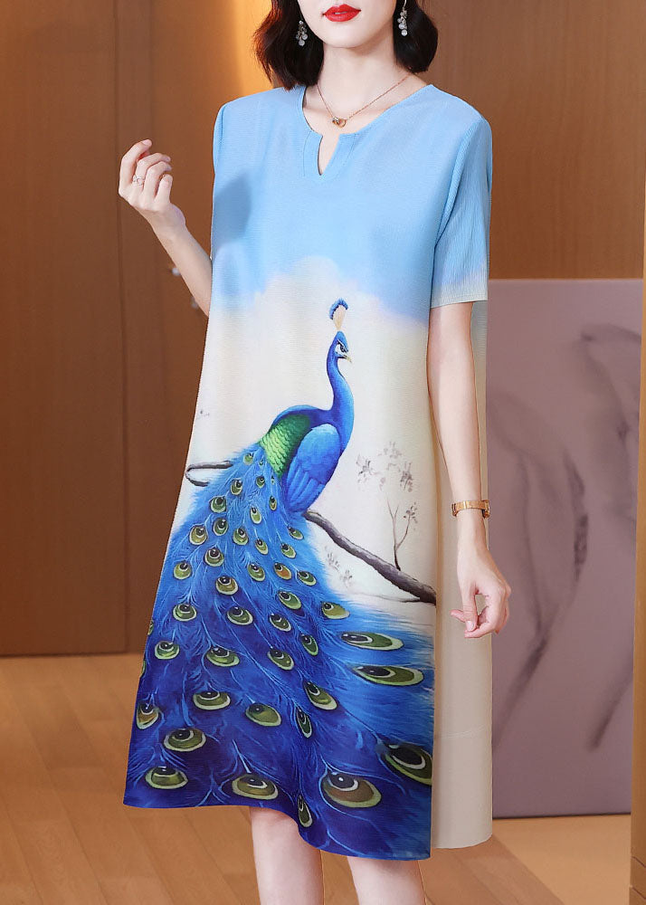 Pleated Peacock Print Notched V-Neck Short Sleeve Shift Midi Dress
