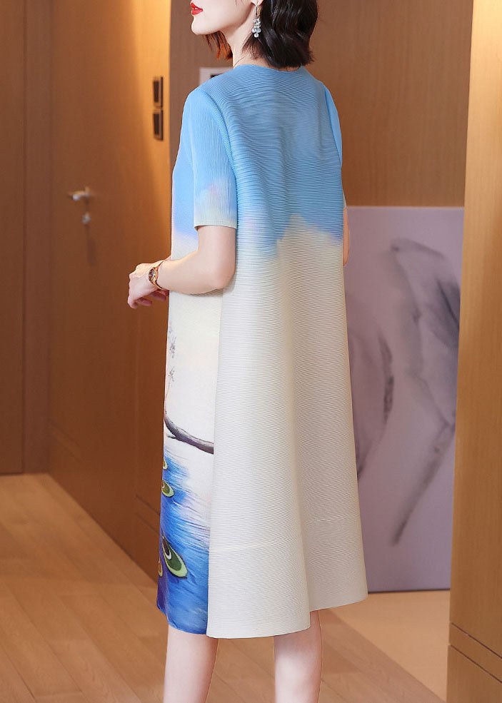 Pleated Peacock Print Notched V-Neck Short Sleeve Shift Midi Dress