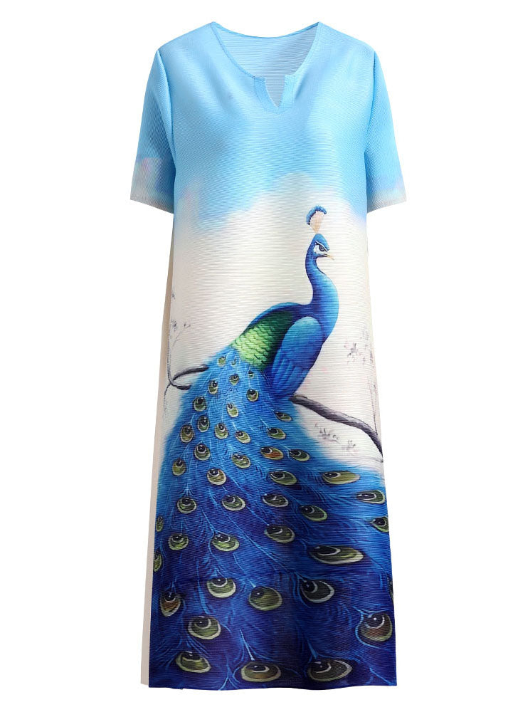 Pleated Peacock Print Notched V-Neck Short Sleeve Shift Midi Dress