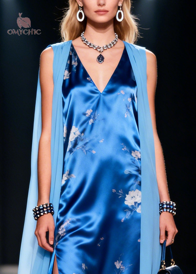 Floral Print V-Neck Sleeveless Attached Cape High Split Satin Maxi Gown