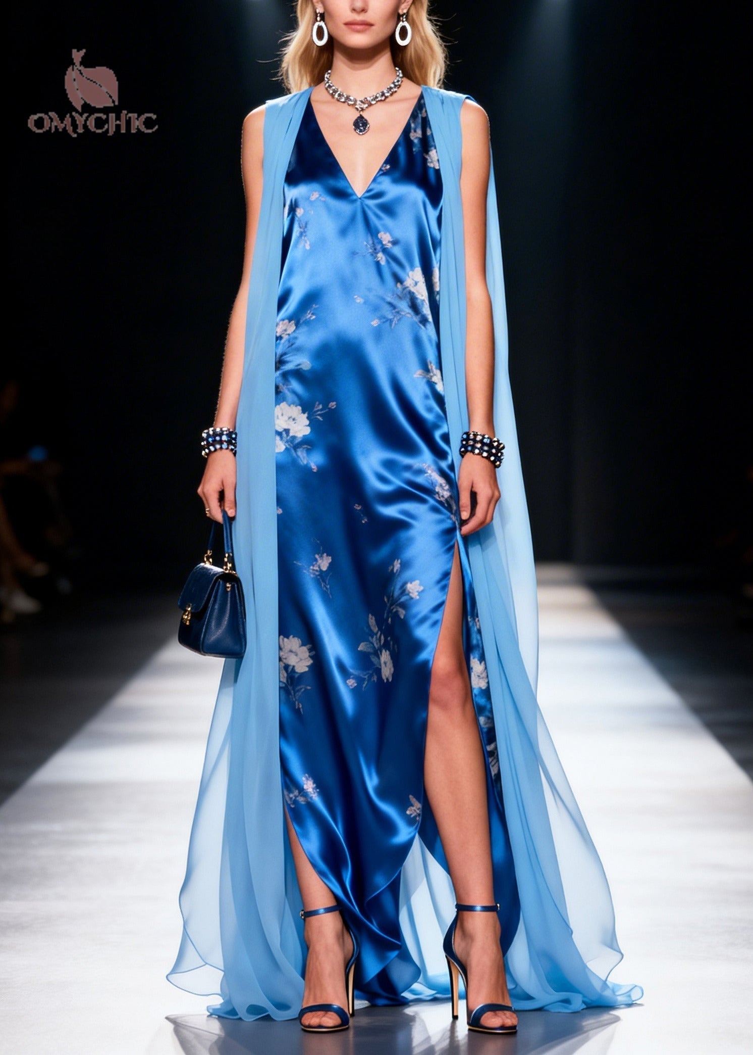 Floral Print V-Neck Sleeveless Attached Cape High Split Satin Maxi Gown