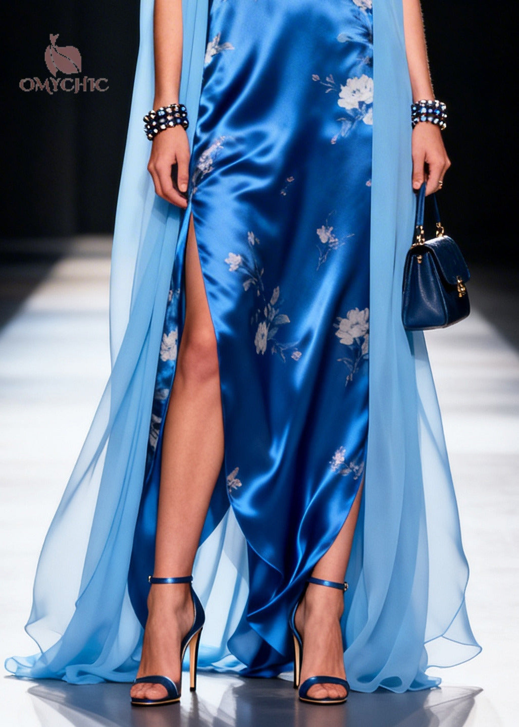 Floral Print V-Neck Sleeveless Attached Cape High Split Satin Maxi Gown