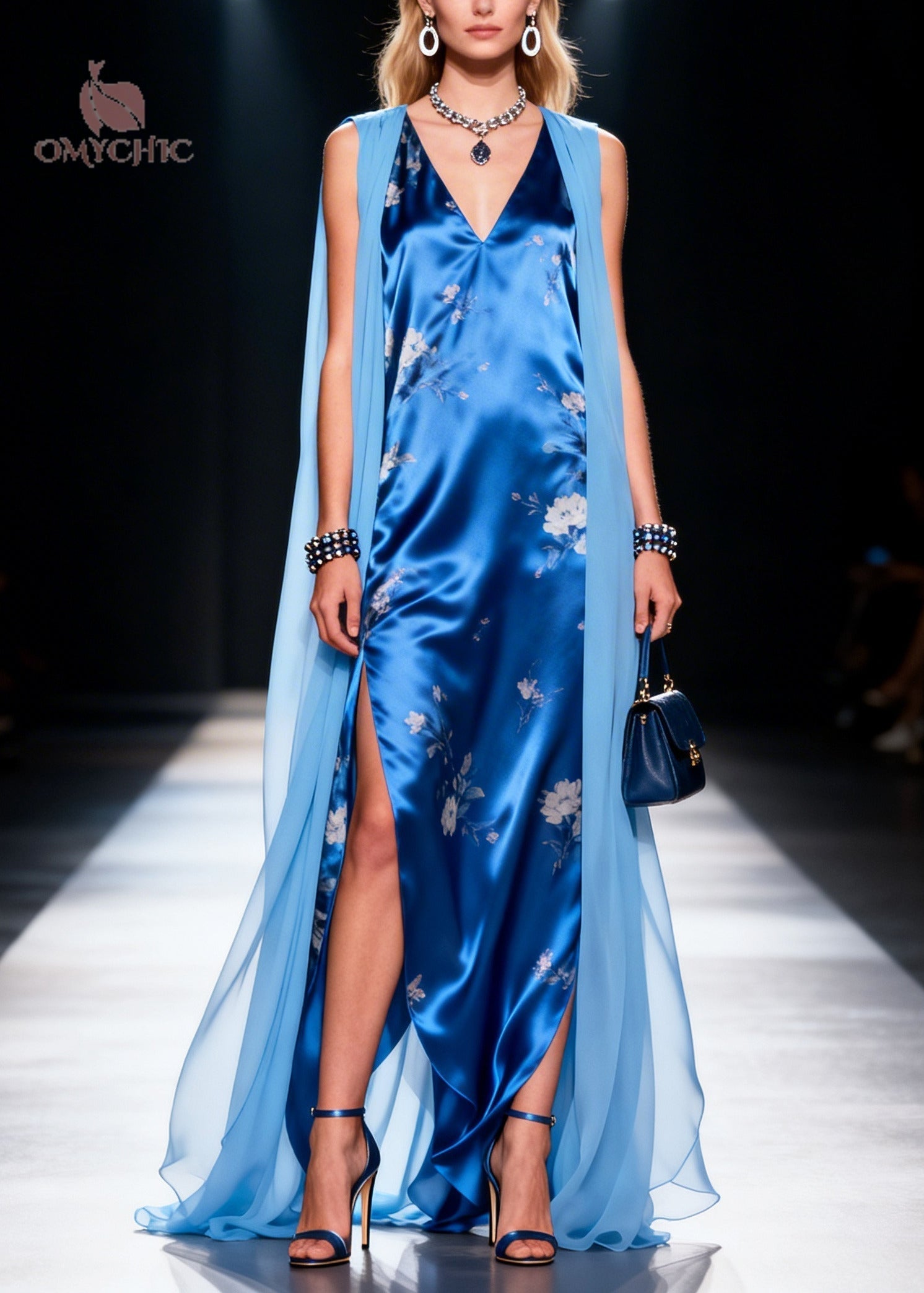 Floral Print V-Neck Sleeveless Attached Cape High Split Satin Maxi Gown