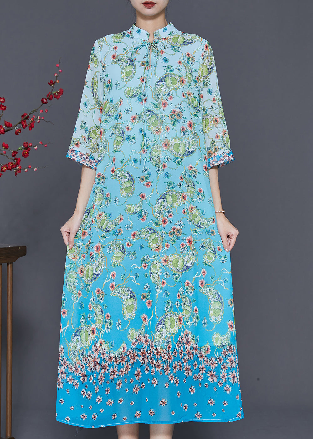 Paisley Print Mandarin Collar Tie Neck Three Quarter Sleeve Border Hem Chiffon Maxi Dress