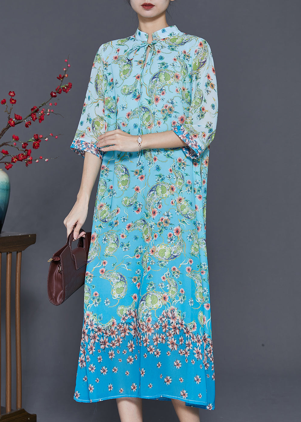 Paisley Print Mandarin Collar Tie Neck Three Quarter Sleeve Border Hem Chiffon Maxi Dress