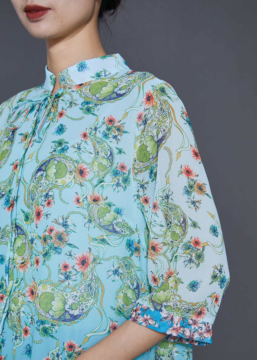 Paisley Print Mandarin Collar Tie Neck Three Quarter Sleeve Border Hem Chiffon Maxi Dress