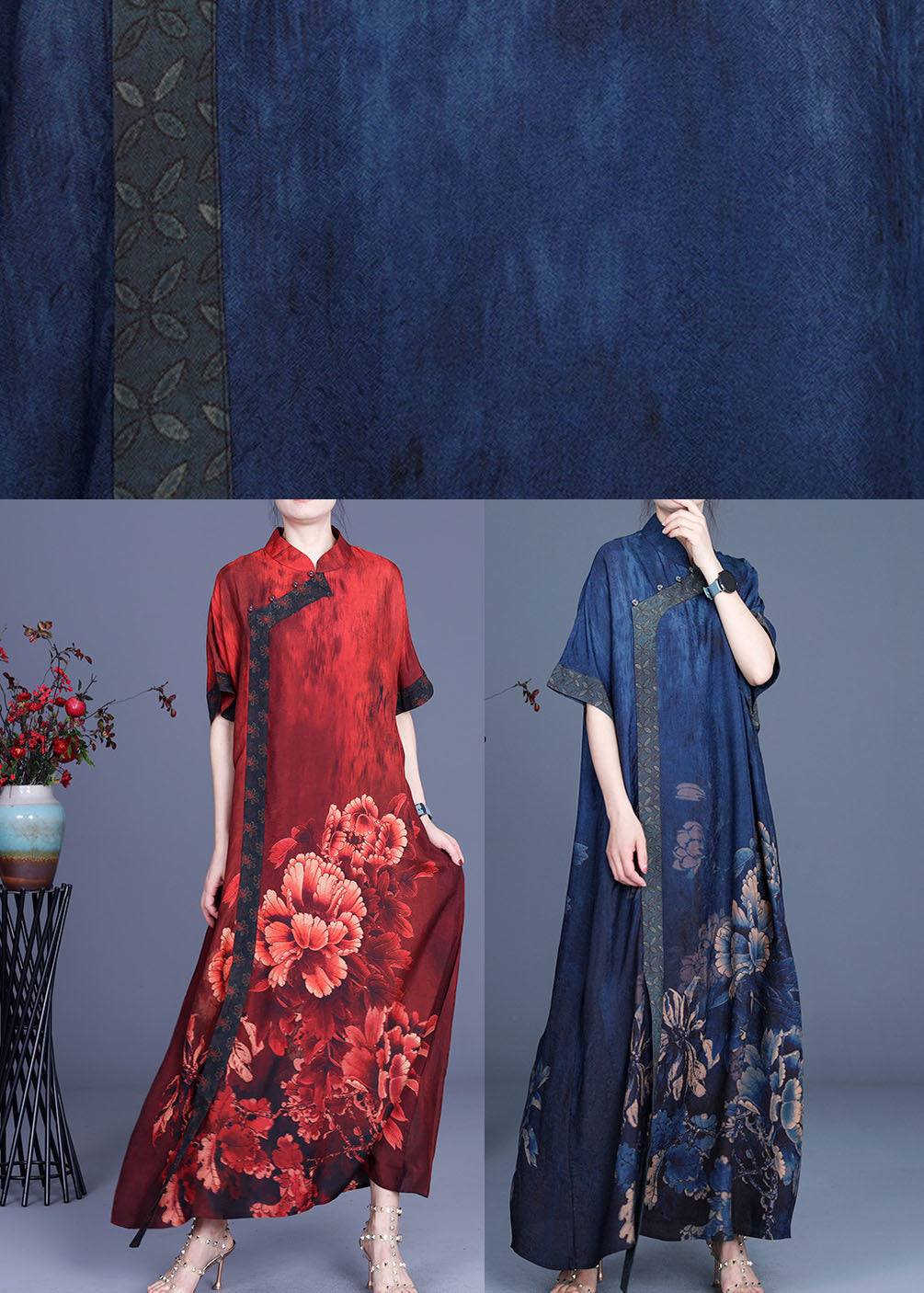 Mandarin Collar Short Sleeve Asymmetrical Floral Print Maxi Dress