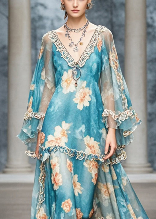 Elegant Blue Ruffled Print Chiffon Long Dress Fall 2