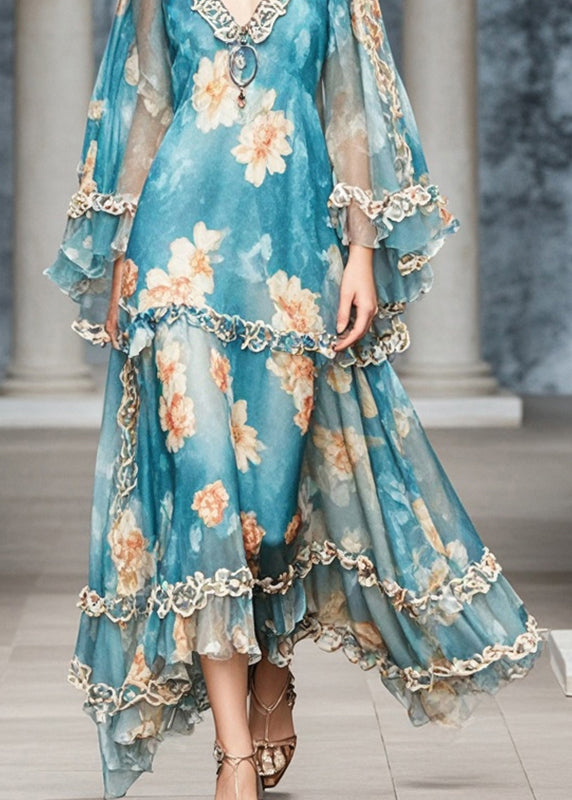 Elegant Blue Ruffled Print Chiffon Long Dress Fall 4