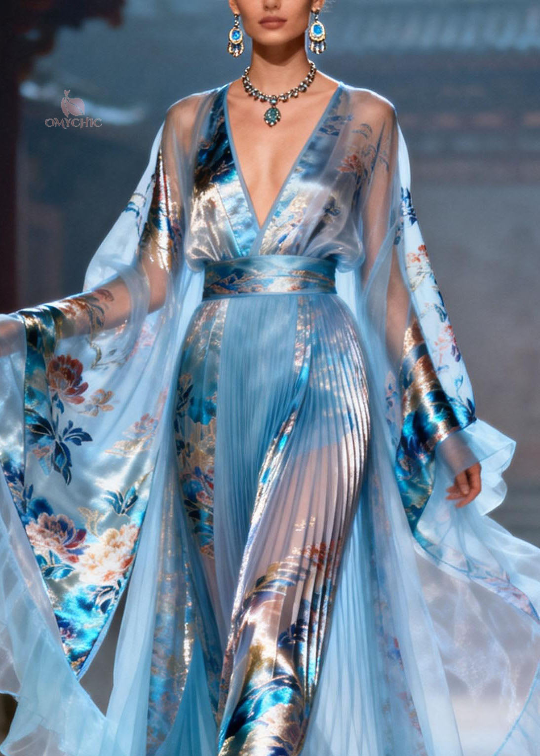 Elegant Blue Ruffled Print Chiffon Maxi Dresses Summer - View 2