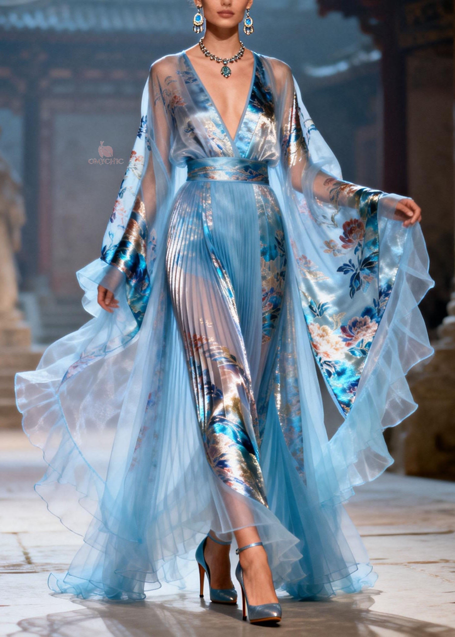 Elegant Blue Ruffled Print Chiffon Maxi Dresses Summer - View 3