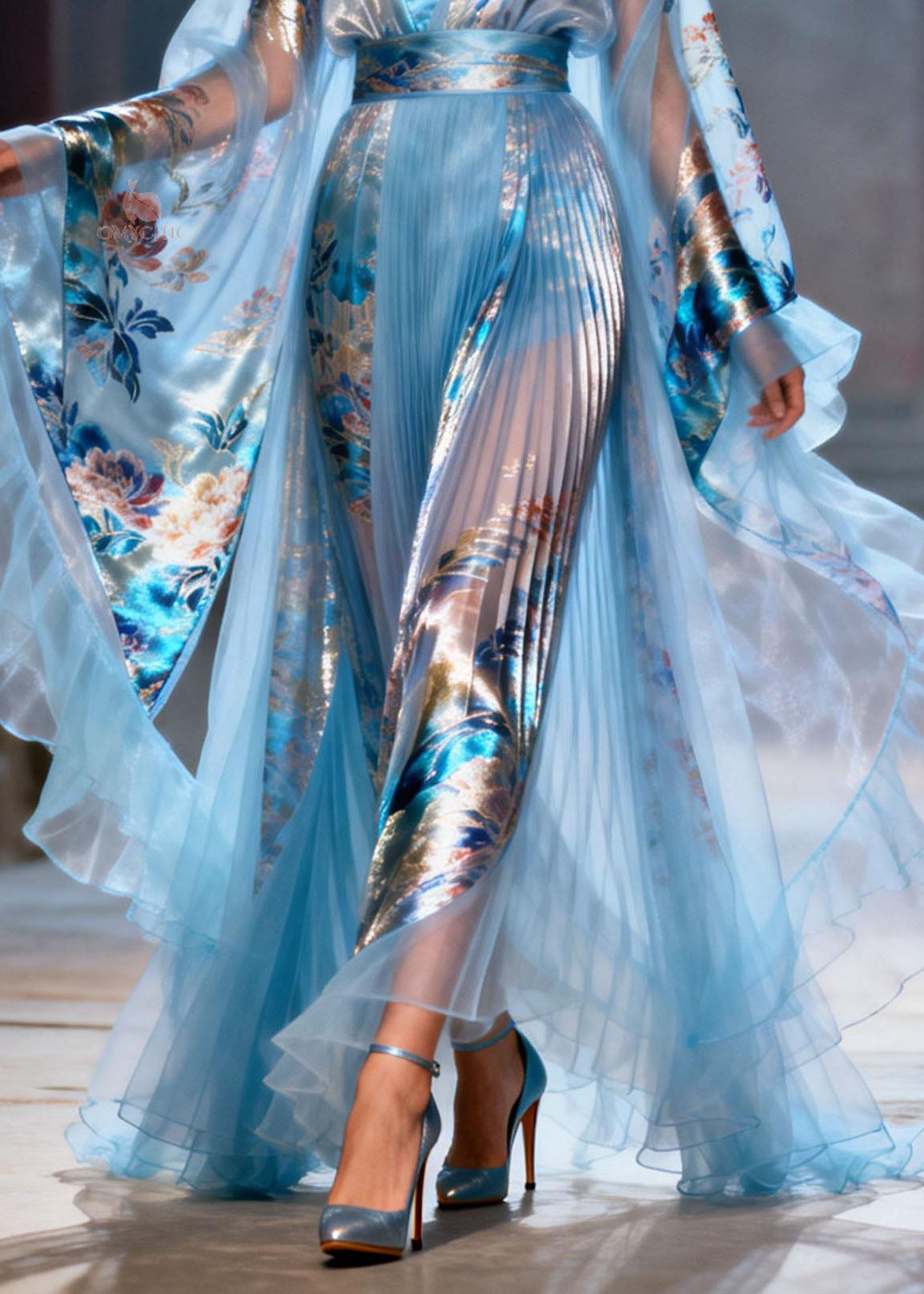 Elegant Blue Ruffled Print Chiffon Maxi Dresses Summer - View 4