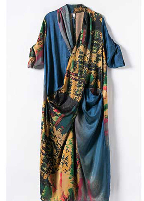 Abstract Landscape Print Satin Wrap V-Neck Short Sleeve Draped Pocket Maxi Dress