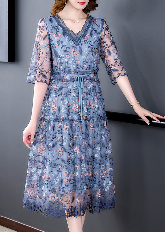 Floral Embroidered Mesh V-Neck Half Sleeve Tie Waist Tiered Midi Dress