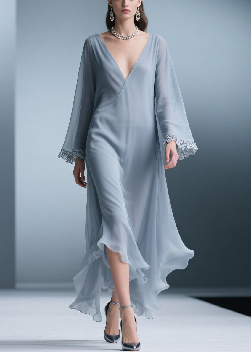 Chiffon Deep V-Neck Bell Sleeve Lace Trim Ruffle Hem Maxi Dress