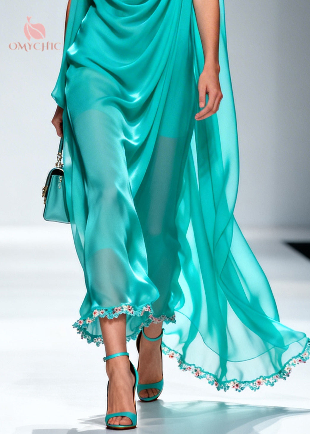 Chiffon Cowl Deep V-Neck Sleeveless Scalloped Floral Embroidered Cape Maxi Gown